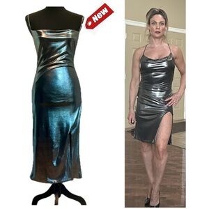 Kali Fashion silver chrome metallic foil spaghetti strap open back bodycon dress